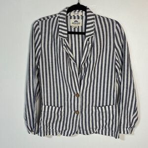 British Khaki Blazer Women's Small 100% Linen Blue White Striped Nautical Pocket